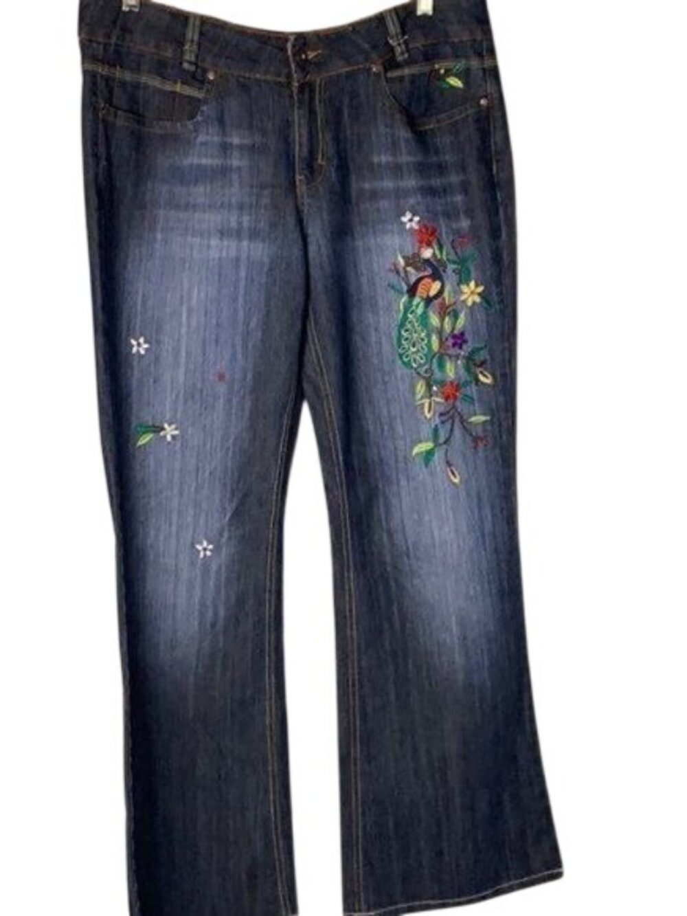 VTG Leo Roma Embroidered Peacock Floral Denim Jeans Size 13 Bell Bottom Stretch
